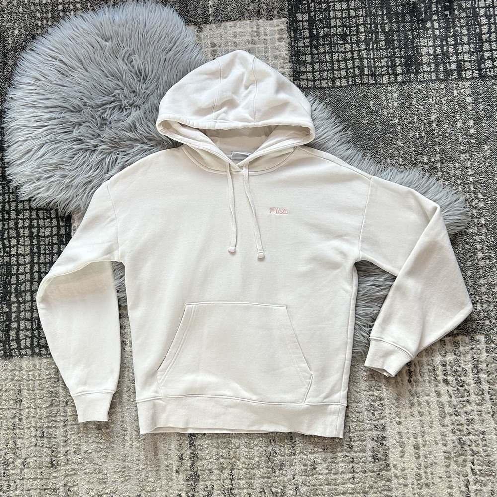 FILA Women's Logo Embroidered‎ Long Sleeve Hoodie Cream Size Small $60
